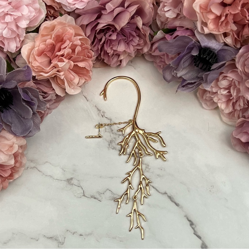 Boho Punk Asymmetric Long Dangling Gold Branch Cuff Earring - Picture 9 of 14